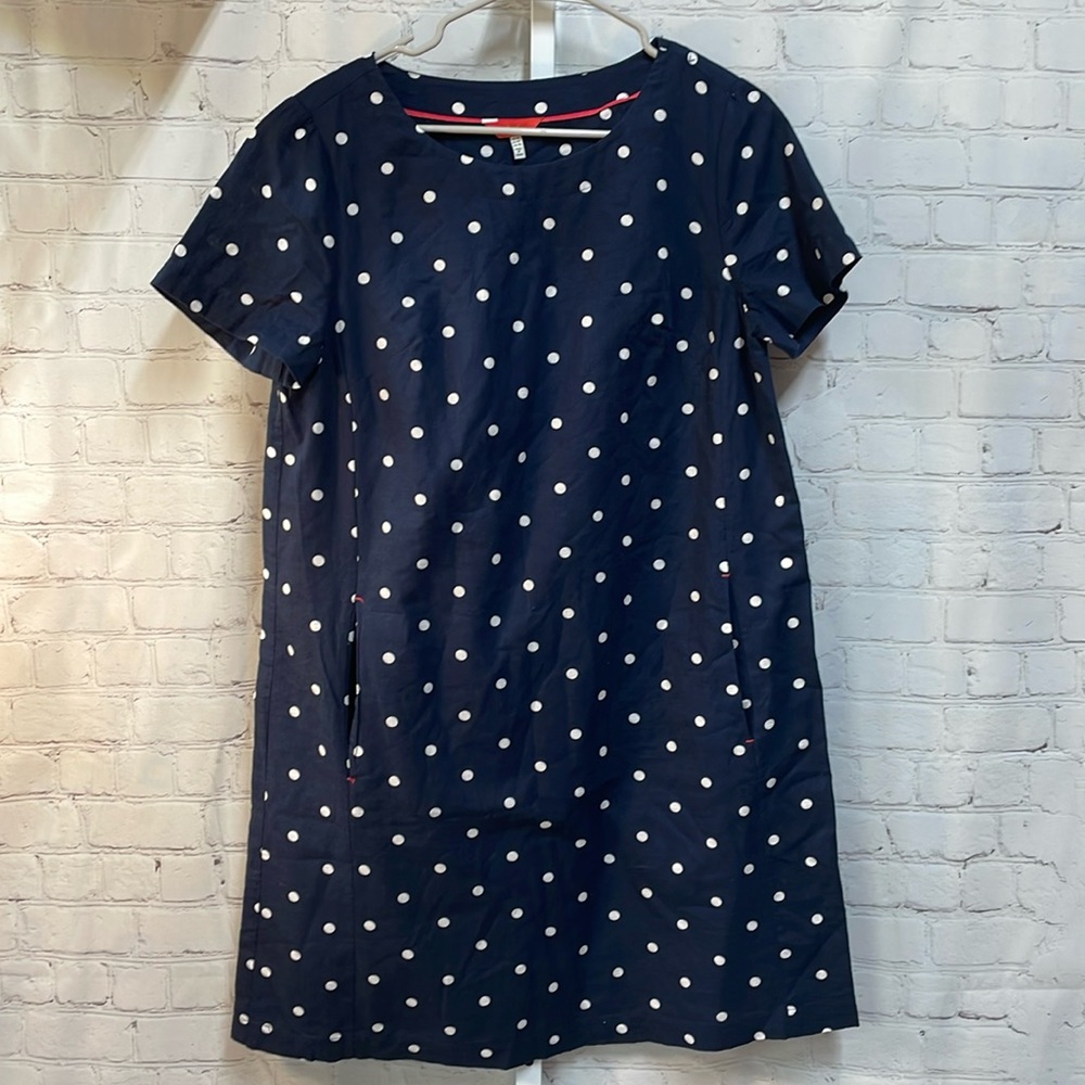Joules front pockets navy & white polka dot cotton linen size US10 dress